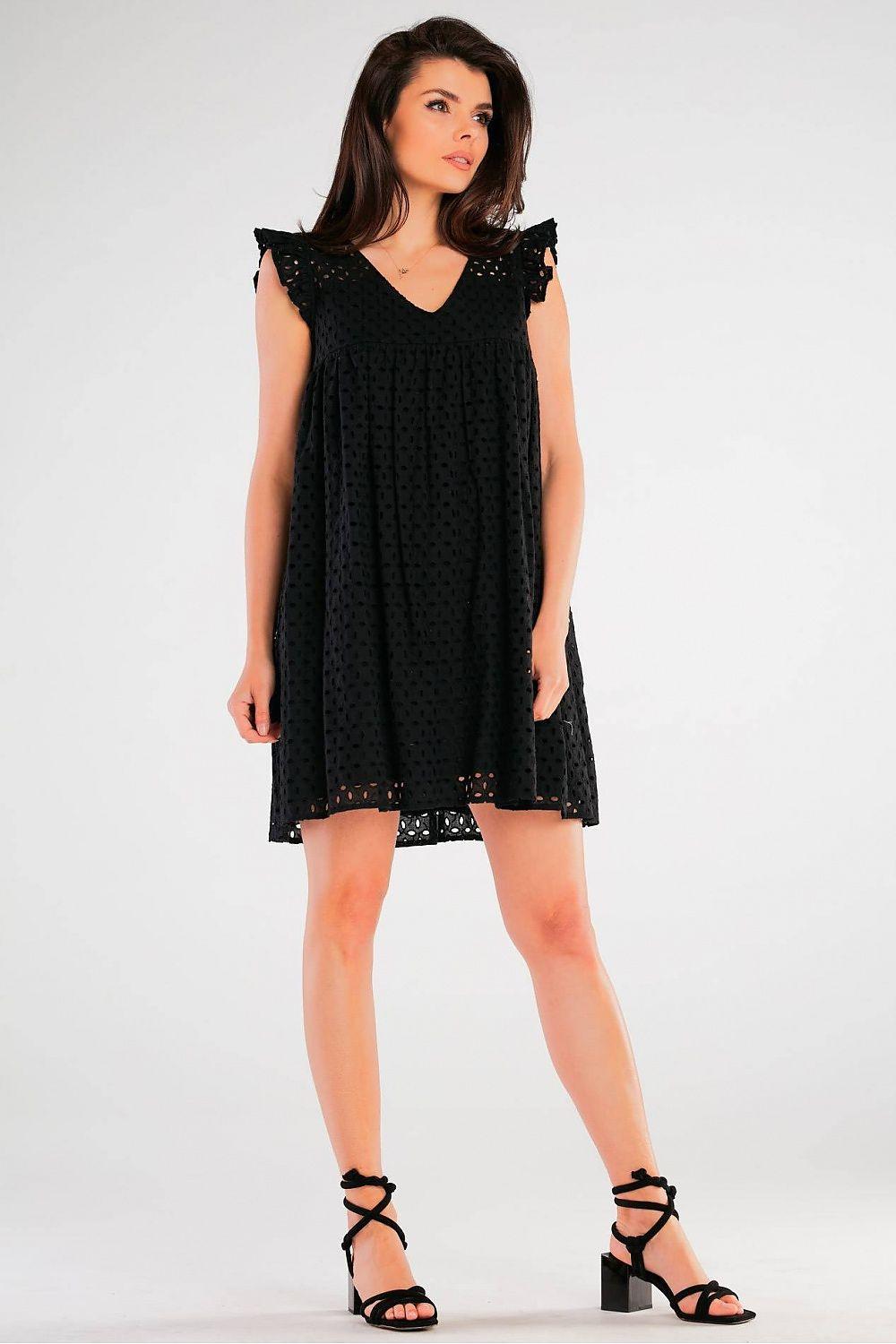 Black V-neck daydress with flutter shoulder ruffles, eyelet texture, above-knee length