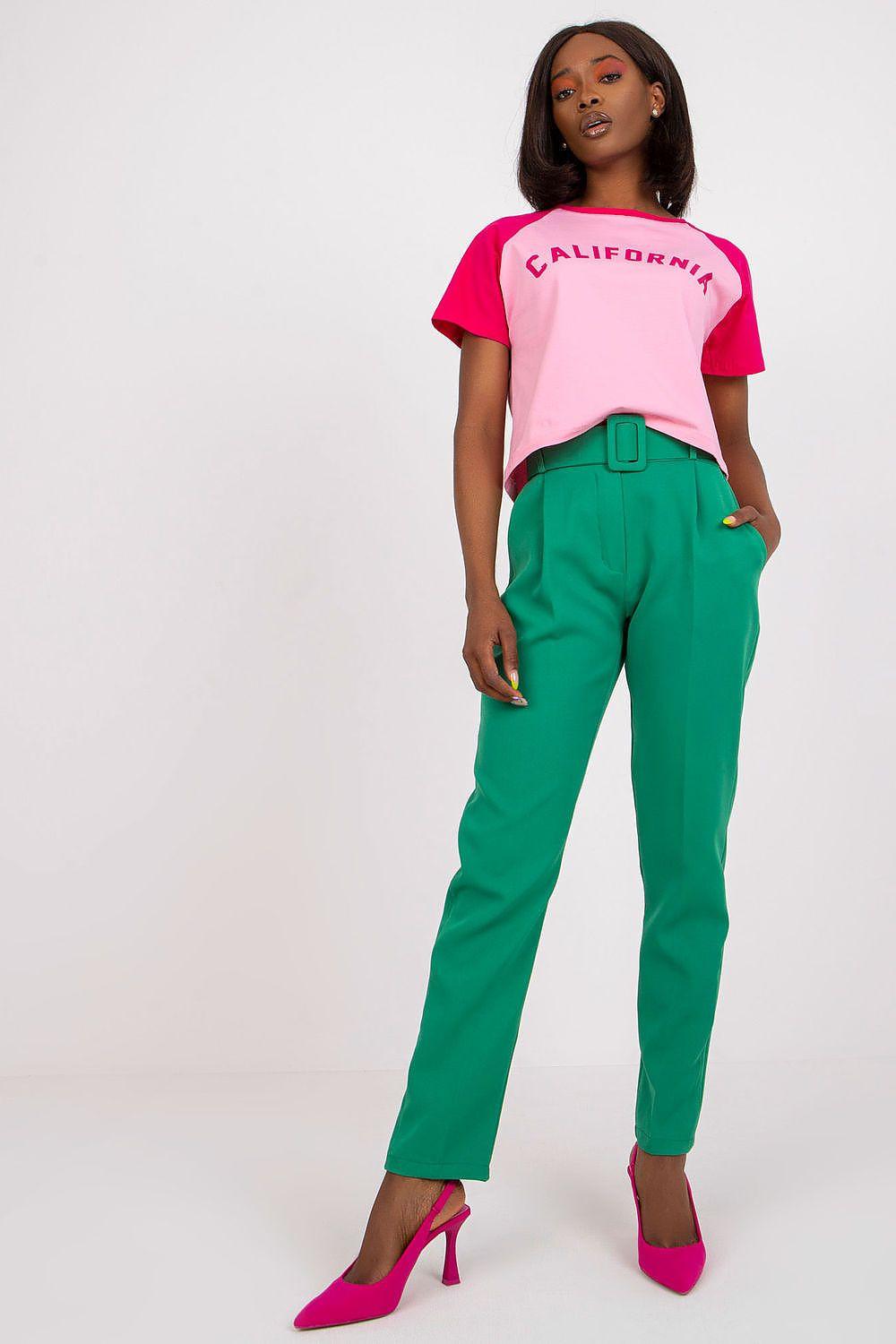 Women’s green trousers with belt loops and a straight ankle-length leg.