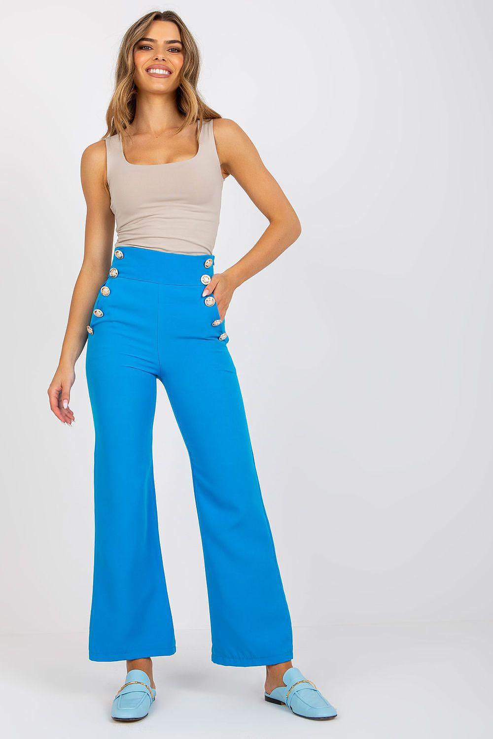 Blue high-waisted trousers with decorative buttons, wide-leg fit