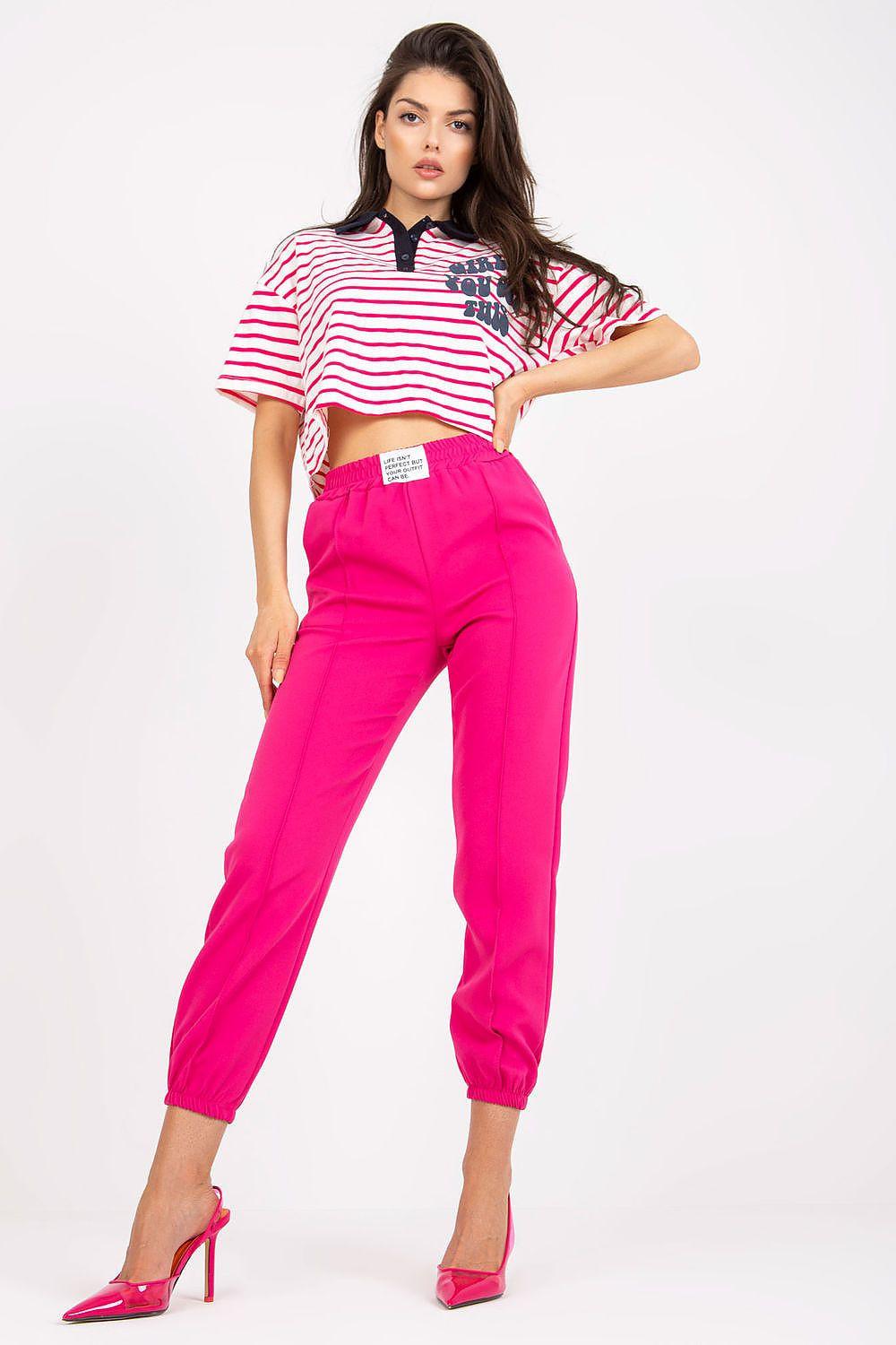 High-rise elastic waist trousers in bright pink, tapered ankle fit