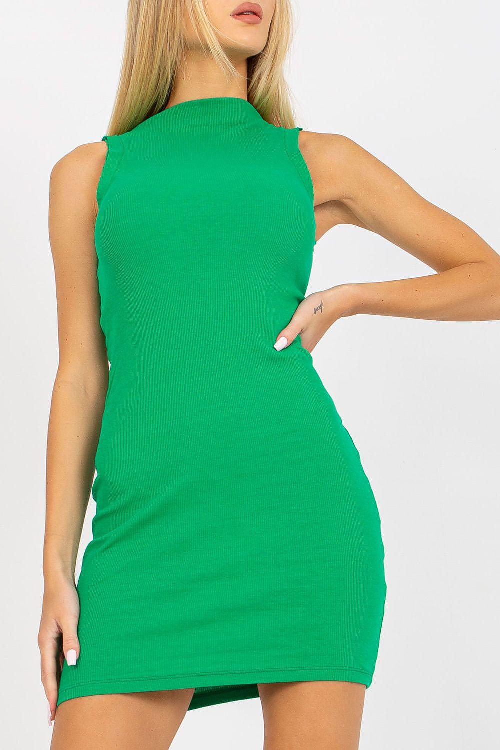 Green sleeveless day dress with high neck, fitted mini length and keyhole back