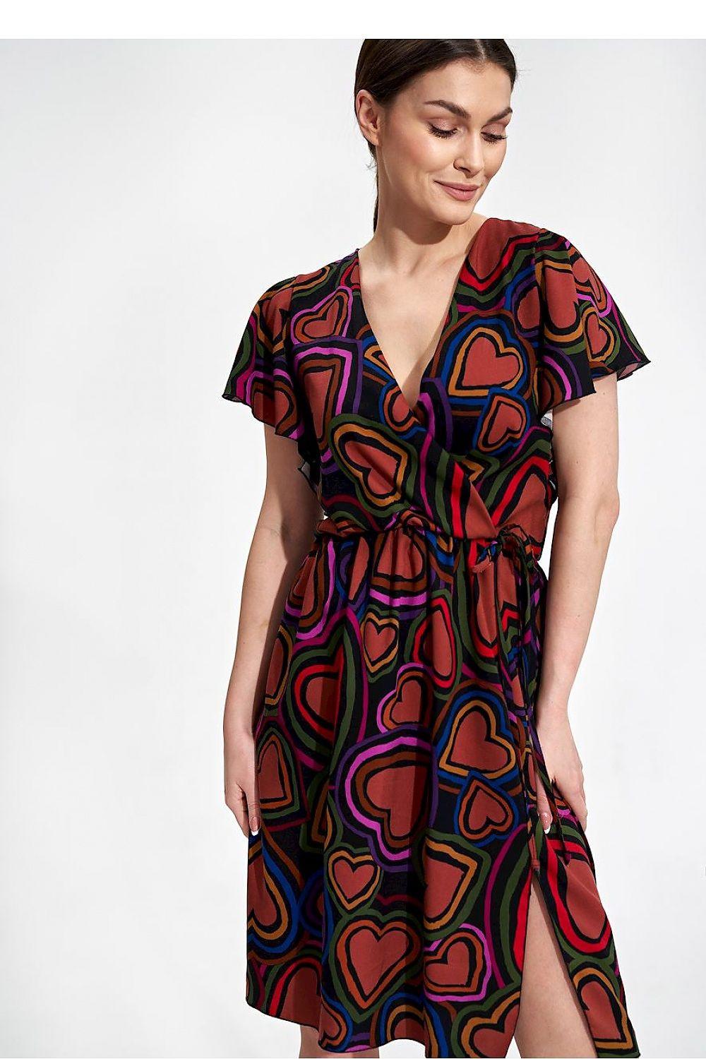 Multicolor heart-print daydress with V-neck, short sleeves, drawstring waist and side slit