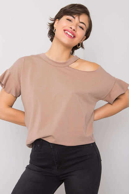 Asymmetric shoulder cotton blouse, short-sleeve, beige with cutout neckline