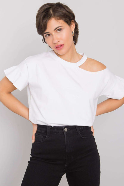 Asymmetric shoulder cotton blouse, short sleeves, white with one-shoulder cutout
