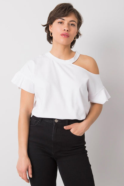 White asymmetric shoulder cotton blouse with cold-shoulder opening and short sleeves