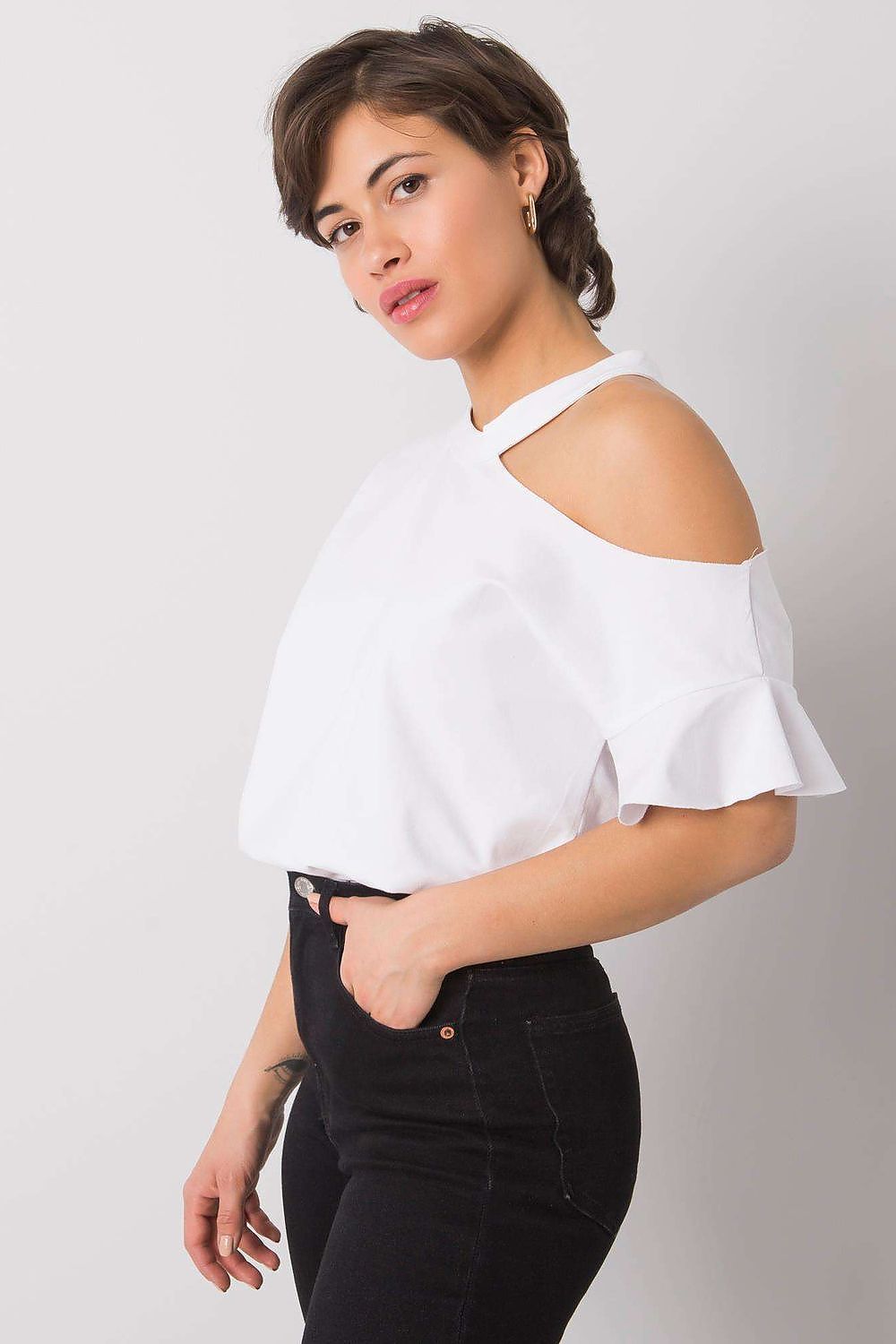 White asymmetric shoulder cotton blouse with flutter sleeve and one-shoulder cutout