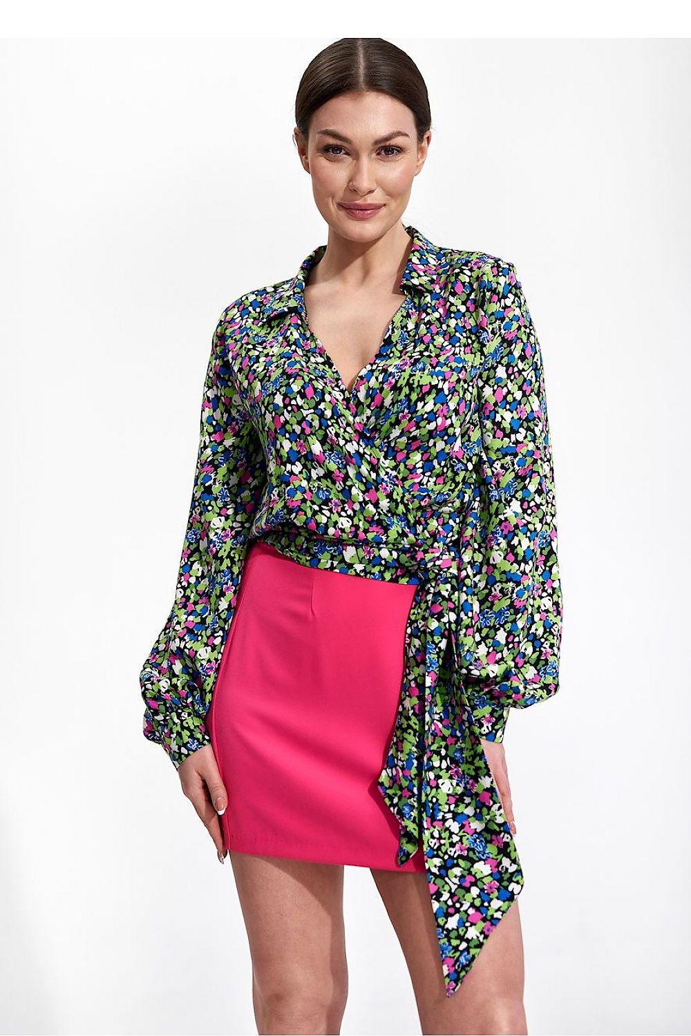 Pink mini skirt with front slit and overlapping front panel, straight tailored fit.