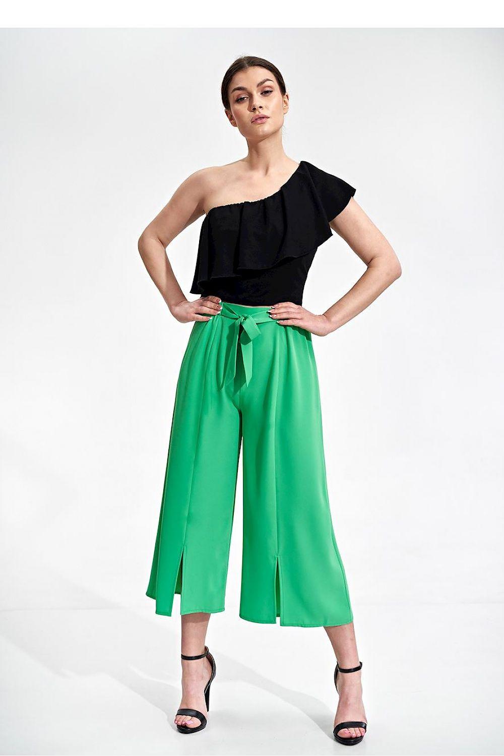 Green high-waist wide-leg trousers with tie waist and cropped length.