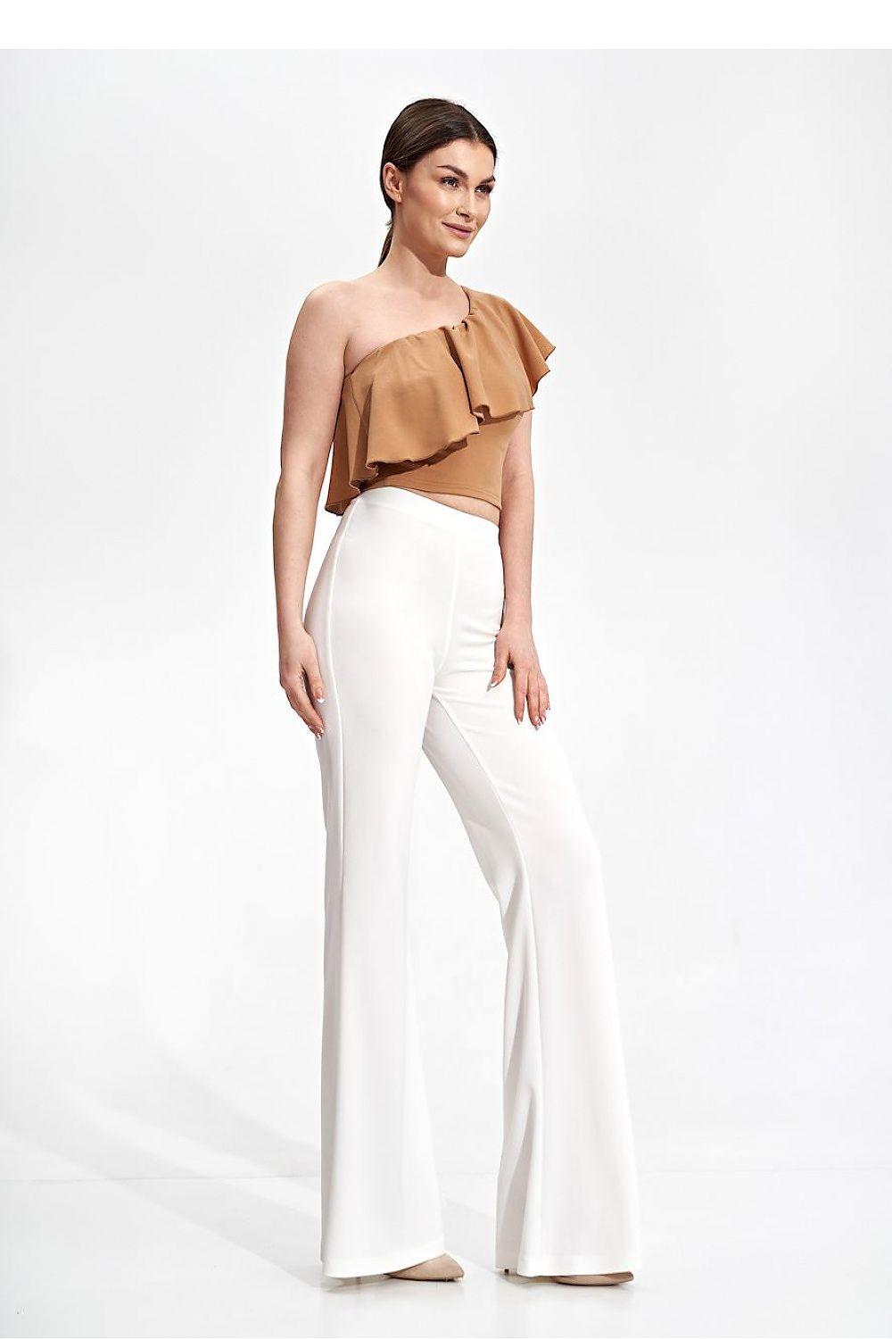 Beige one-shoulder ruffle crop top blouse with asymmetric neckline