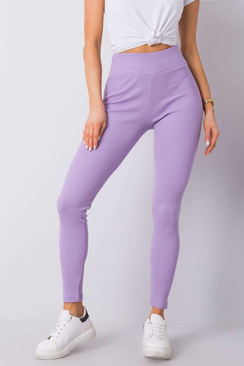 High-waist violet leggings with ribbed cotton look and tapered long legs