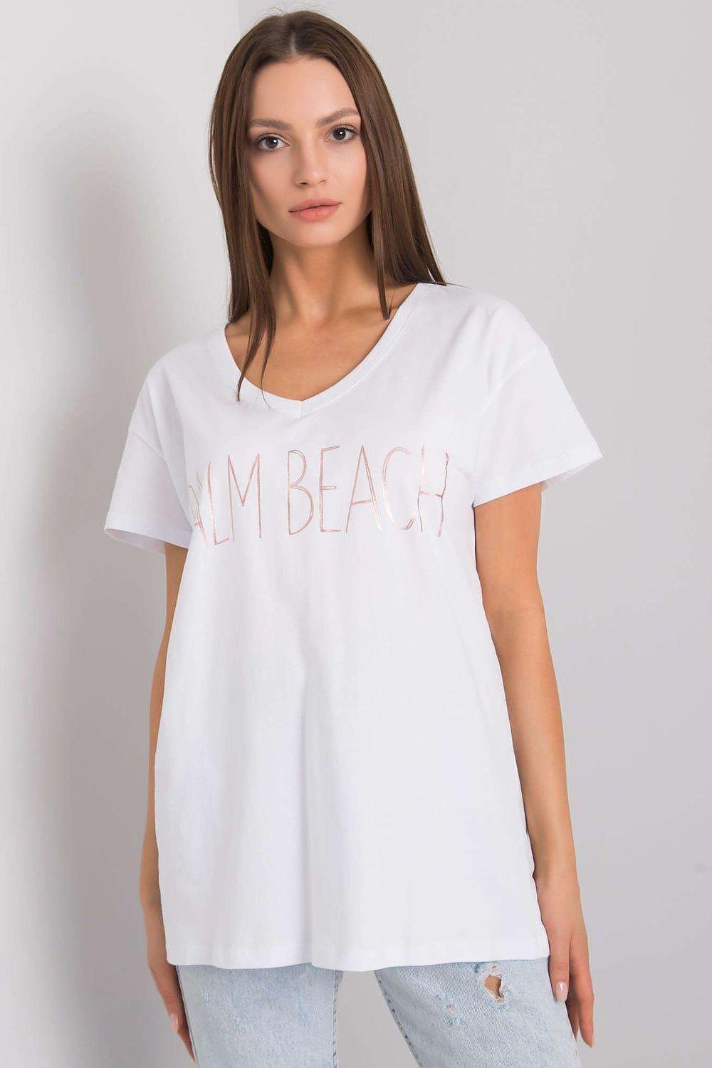 White V-neck cotton T-shirt with pink beach text print