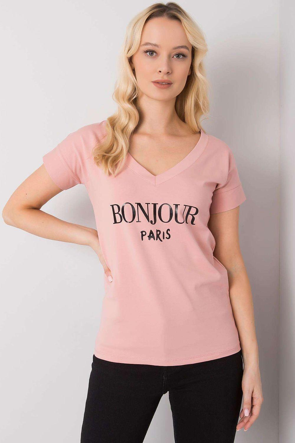 Pink V-neck T-shirt with Bonjour Paris logo print at chest