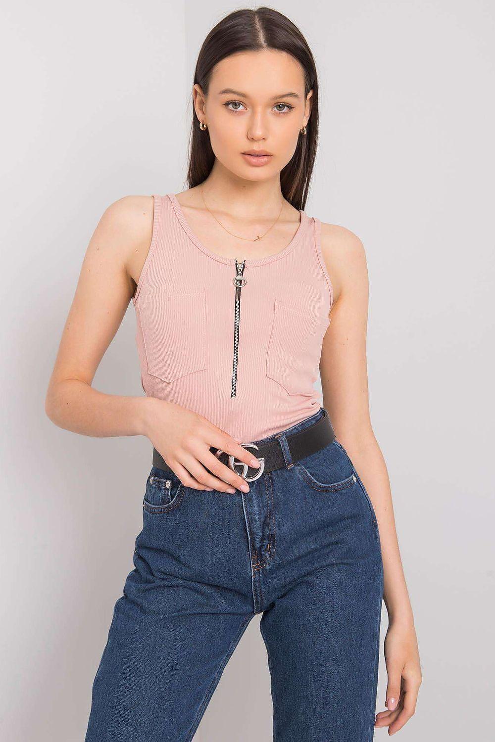 Pink sleeveless T-shirt with front vertical zip and chest pockets
