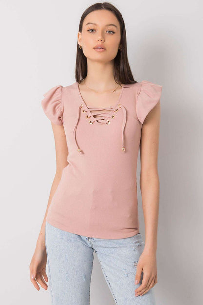 Pink blouse with frill sleeves and lace-up tie neckline