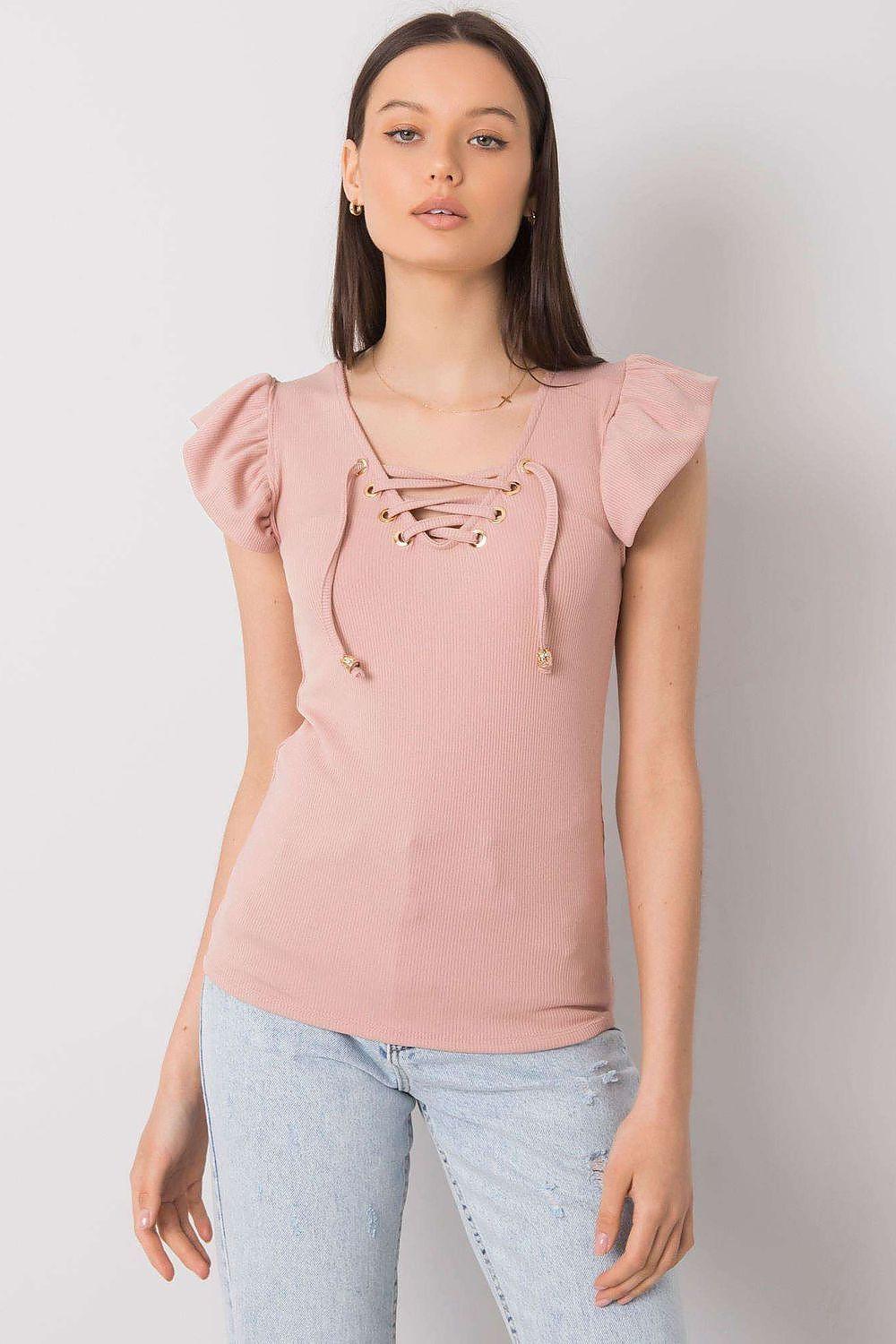 Pink blouse with embellished neckline and short puff sleeves