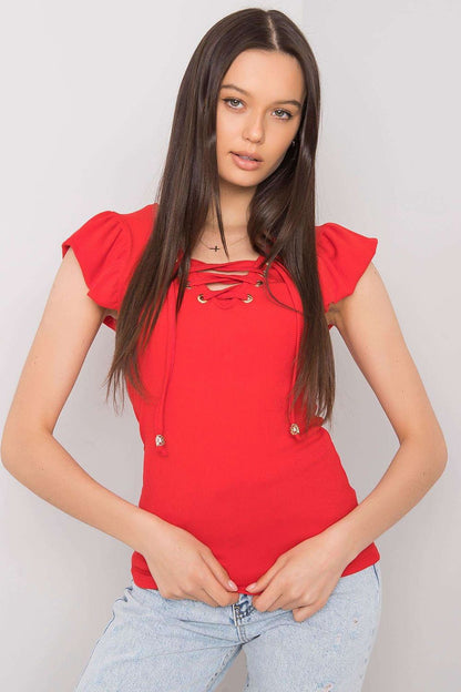 Red blouse with frill sleeves and lace-up front tie detail