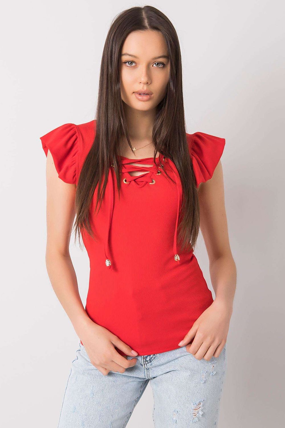 Red blouse with frill sleeves and eyelet lace-up neckline