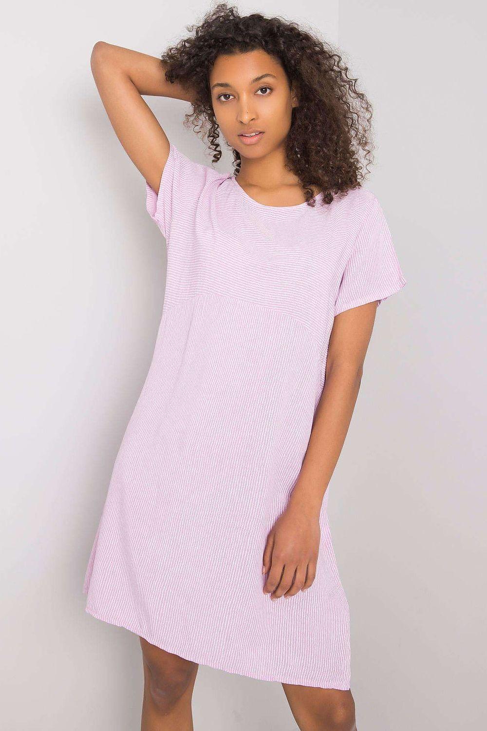 Violet short-sleeve daydress with crew neck, relaxed fit, above-knee length