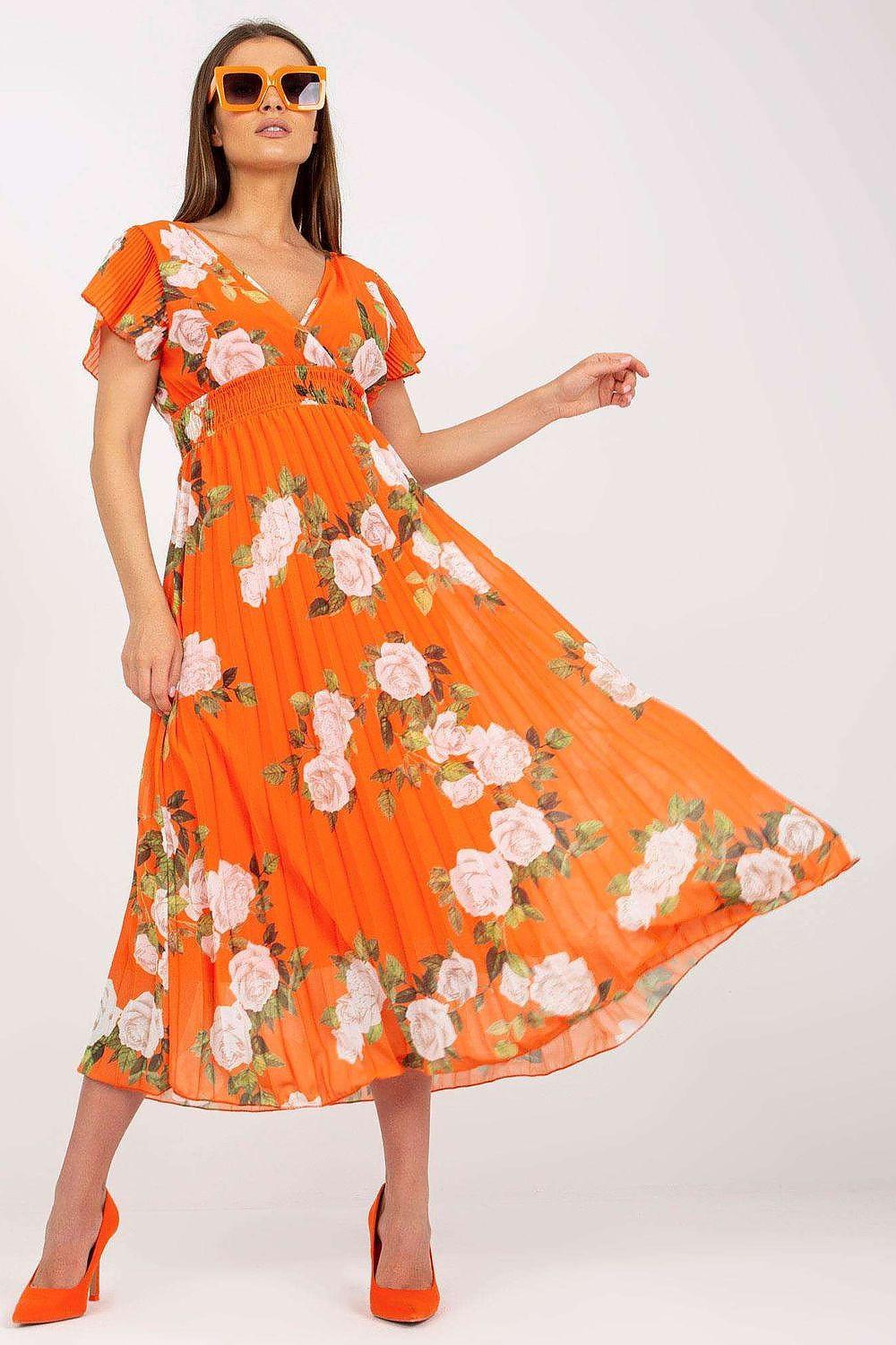 Orange floral daydress with short puff sleeves, V-neck, gathered waist, midi length