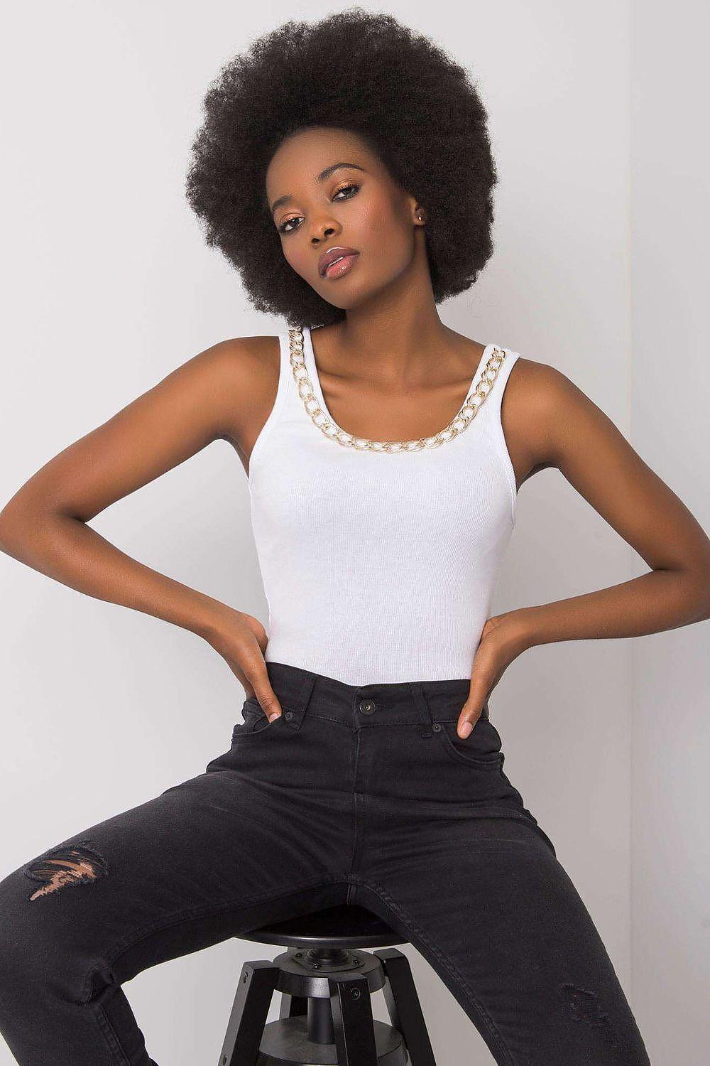 White sleeveless tank top with beaded trim at round neckline