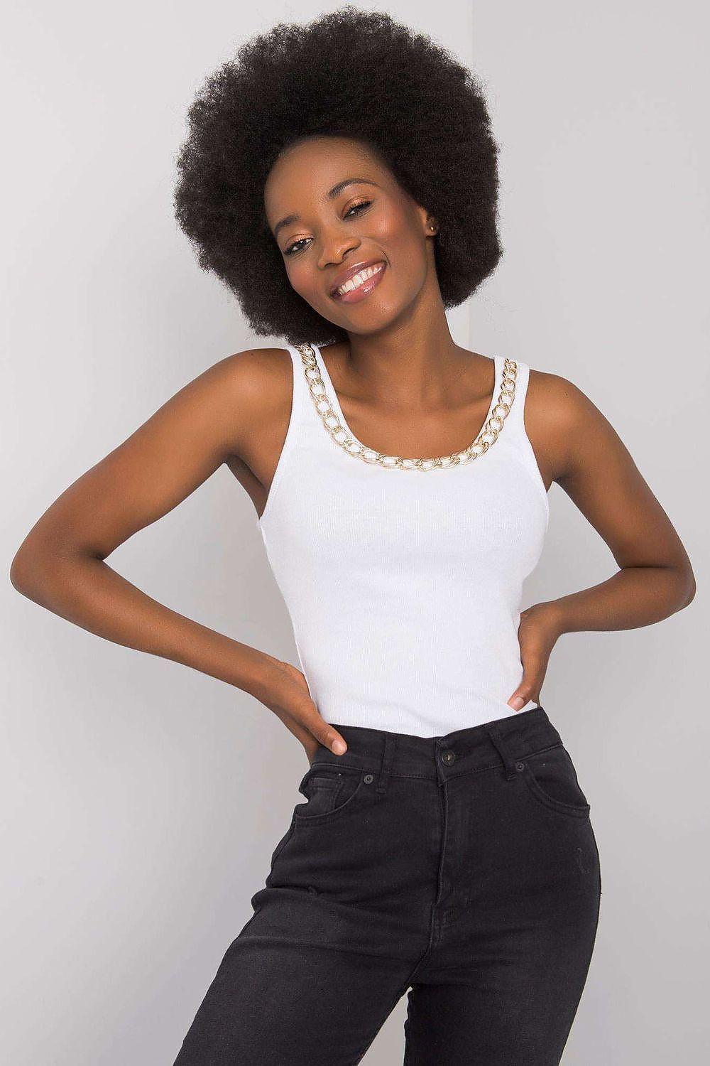 White sleeveless tank top with beaded trim round neckline