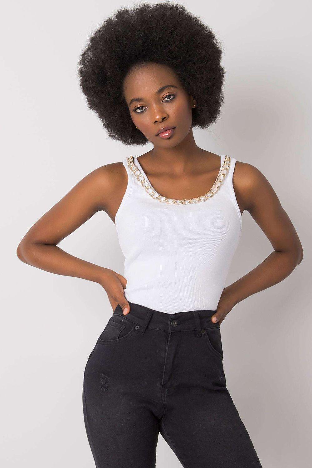 White sleeveless tank top with beaded trim round neckline, fitted