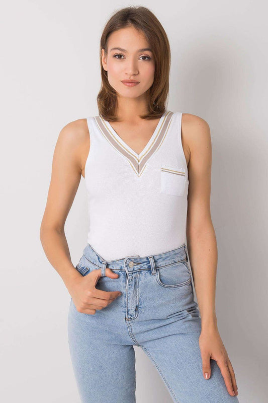 White sleeveless cotton top with heart-shaped V neckline and chest pocket