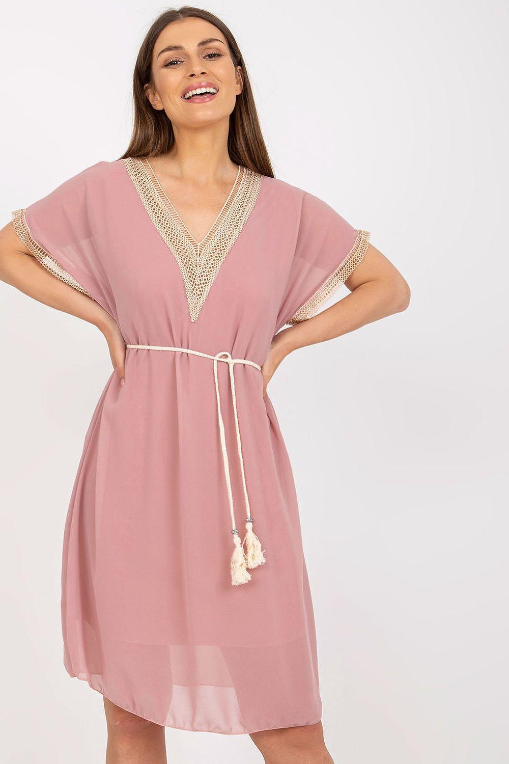 Pink daydress with V-neck, embroidered trim, tie waist belt and tassel drawstrings