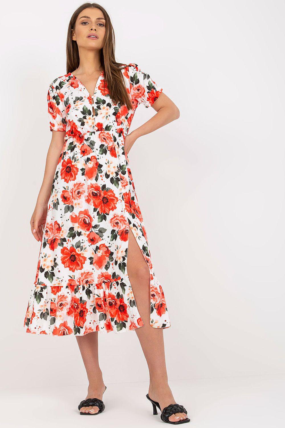 Floral daydress with short puff sleeves, V-neck, red and pink flowers on white base