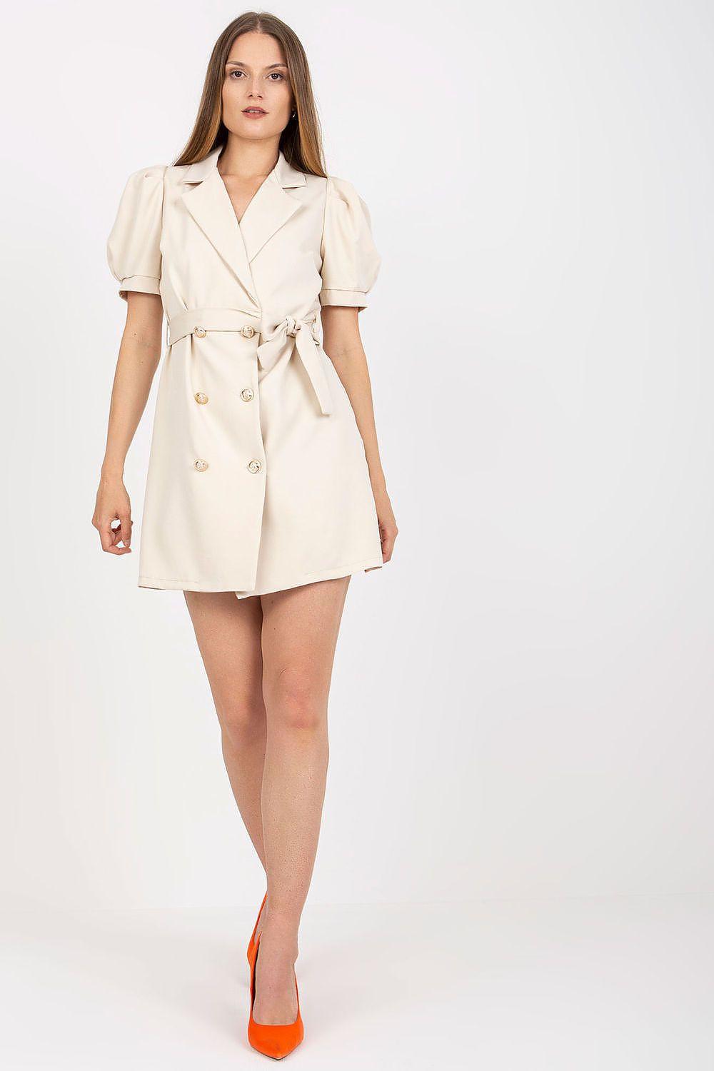 Beige belted double-breasted daydress with short sleeves and V-neck, front button detail