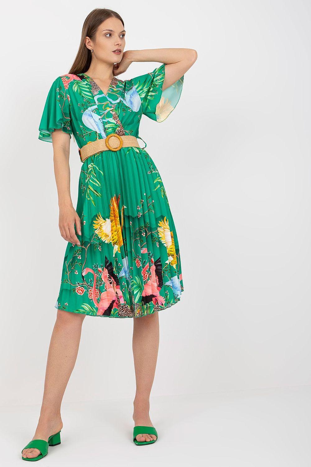 Green pleated daydress with floral print, tan belt, short flutter sleeves