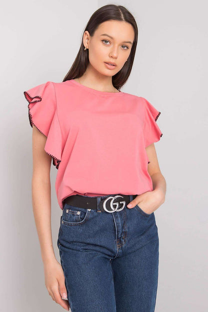 Pink cotton-blend top with frill sleeves and round neckline