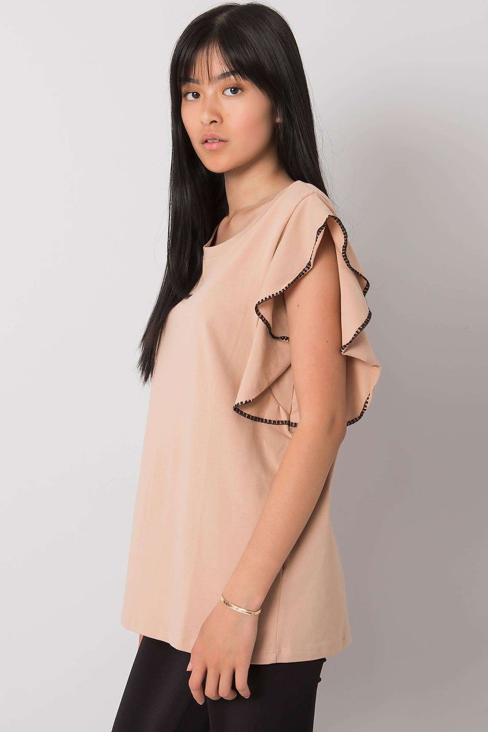 Beige cotton-blend top with ruffle sleeve edges and crew neckline