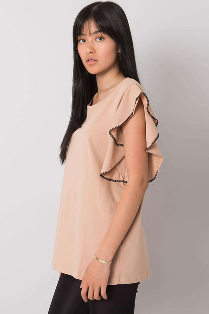 Beige cotton-blend top with ruffle sleeve edges and crew neckline