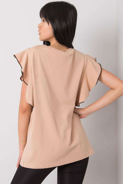 Beige cotton-blend top with frill-trim sleeves, back view, crew neckline