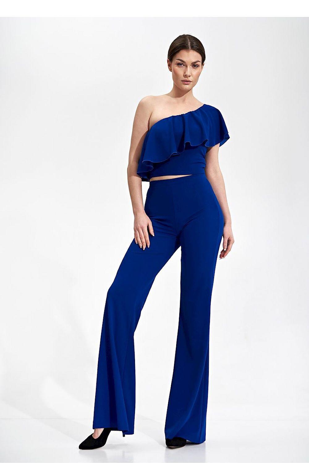 Women's navy blue wide-leg trousers with flared legs and high waist