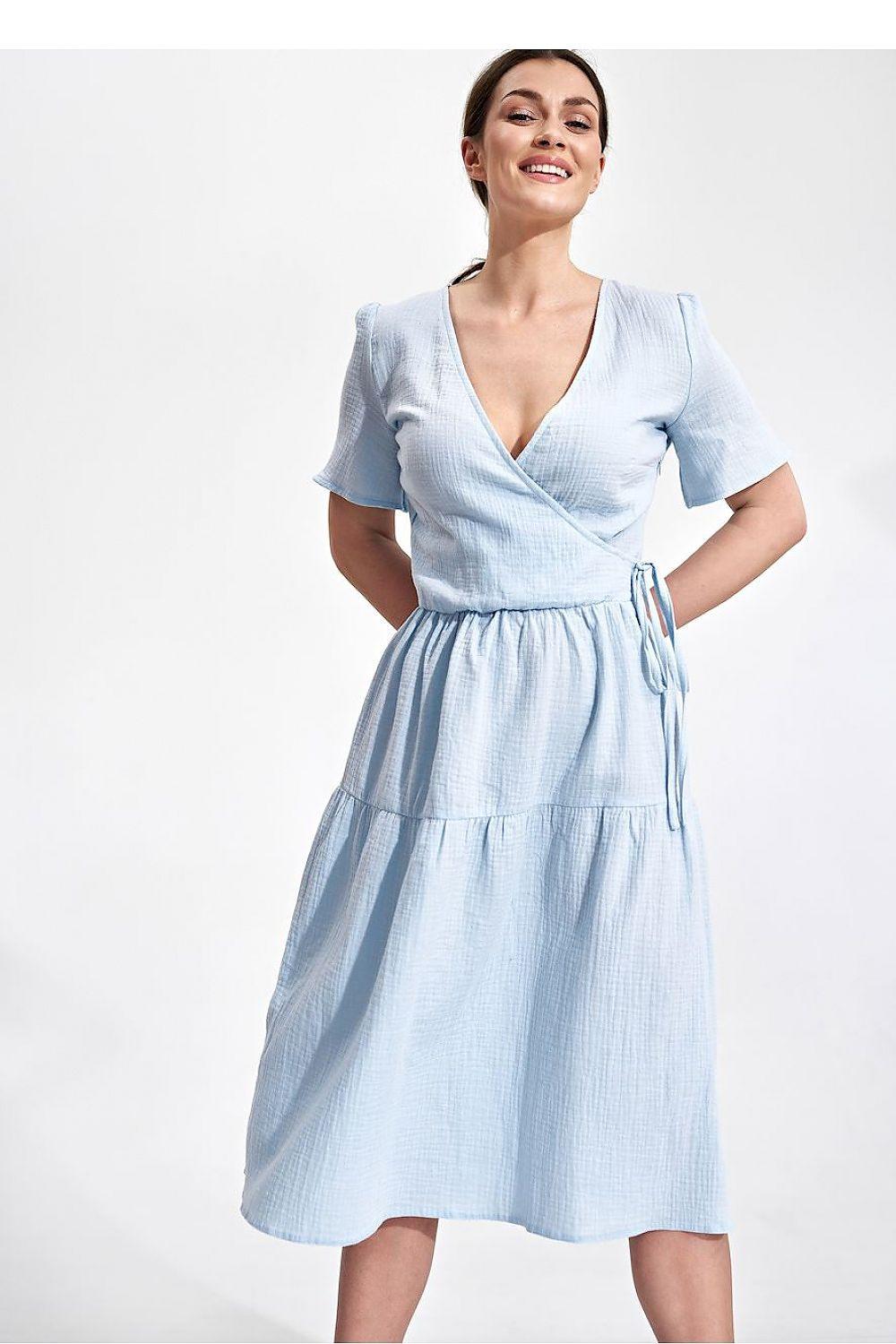 Light blue V-neck tiered day dress with short sleeves and tie waist