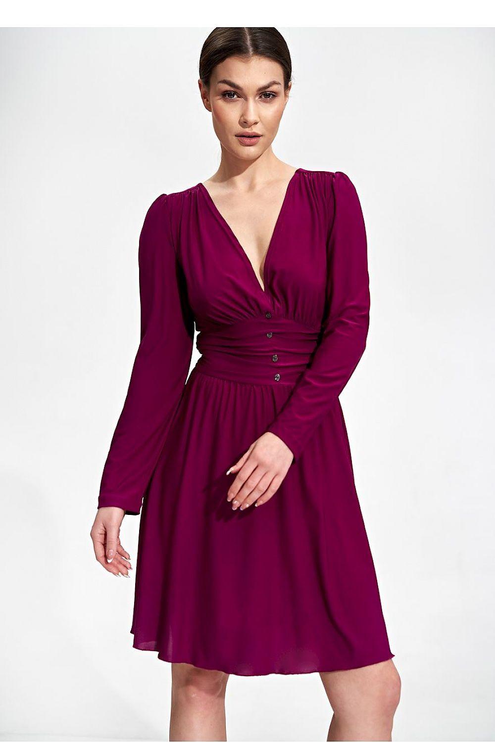 Violet daydress by Figl, long sleeves, V-neck, gathered waist with button front.