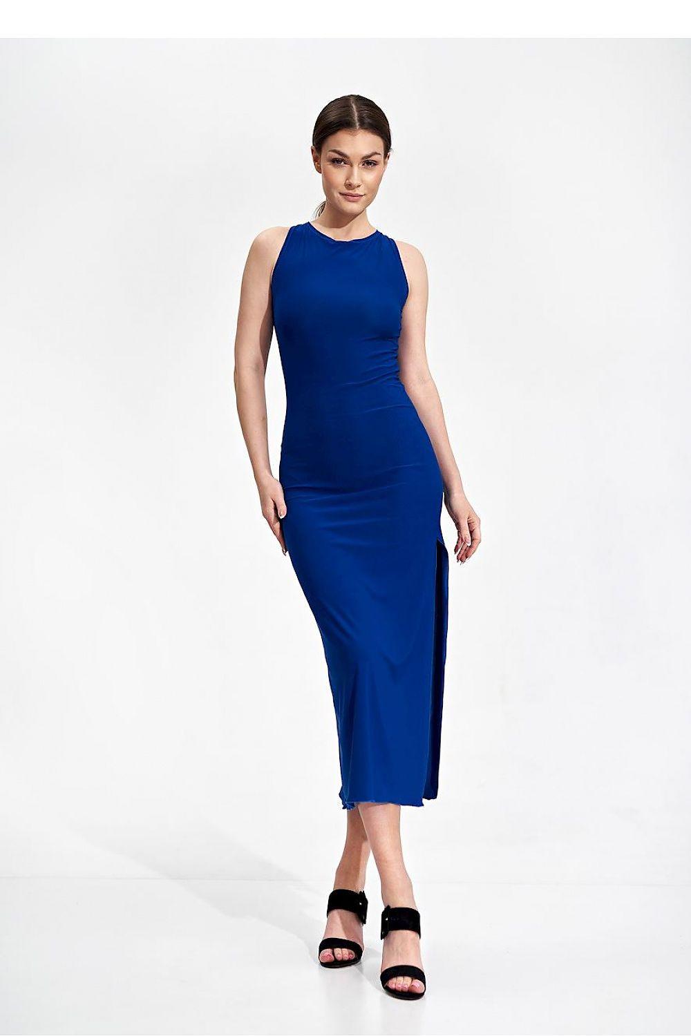 Navy blue sleeveless midi daydress with high neckline and straight skirt