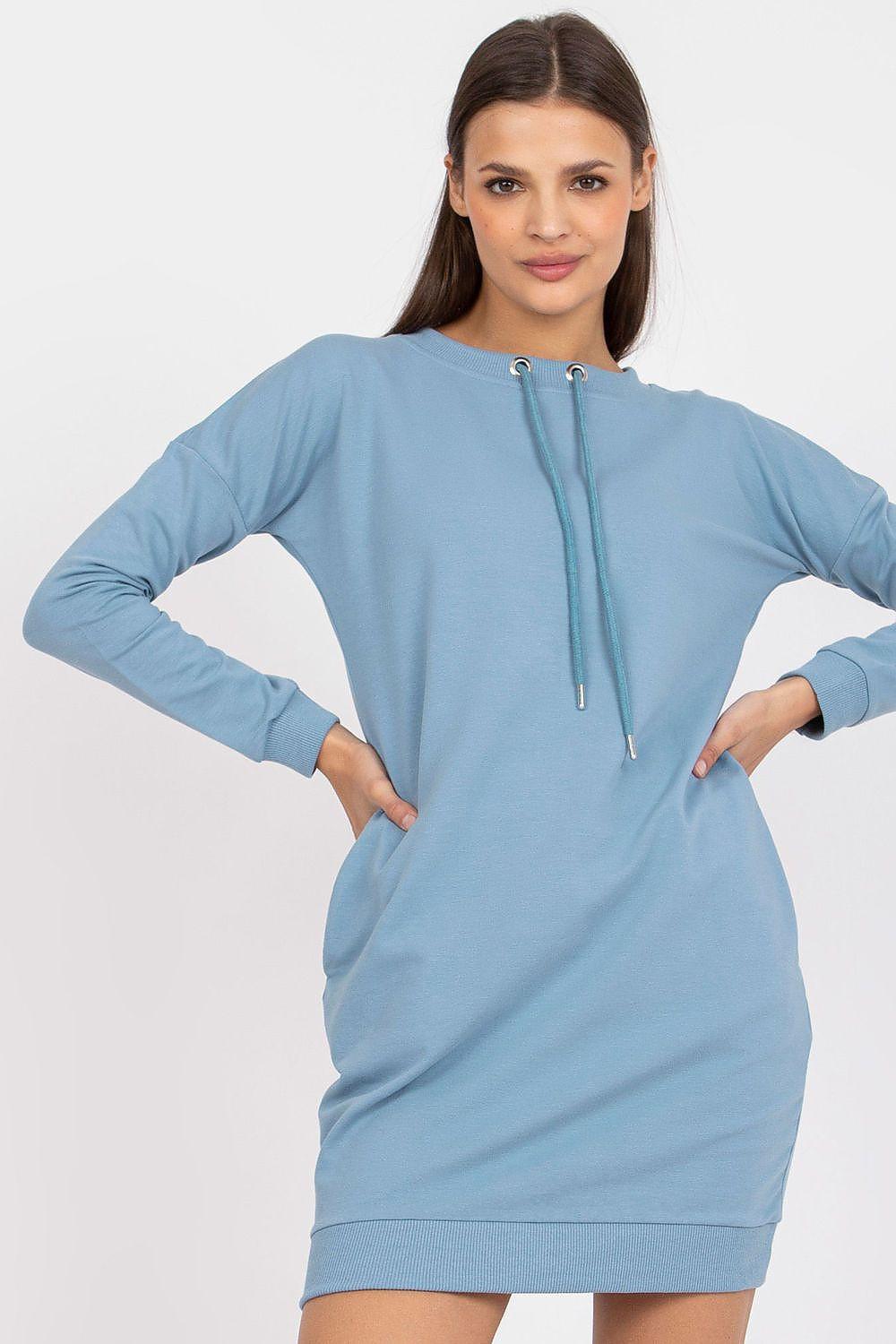 Blue hooded daydress with long sleeves, front zipper, drawstring neckline