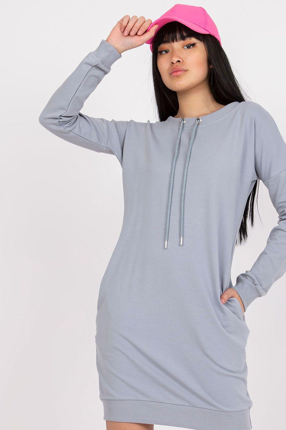 Grey long-sleeve daydress with drawstring neckline and kangaroo pocket