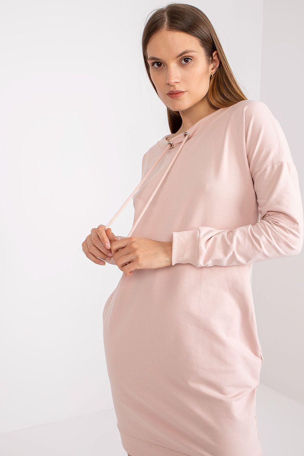 Pink long-sleeve daydress with drawstring neckline and button keyhole detail