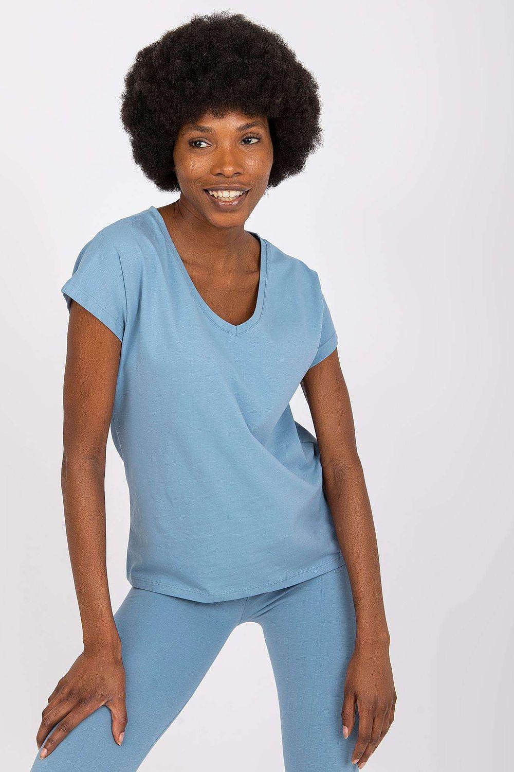 Light blue V-neck short-sleeve T-shirt with a relaxed drape