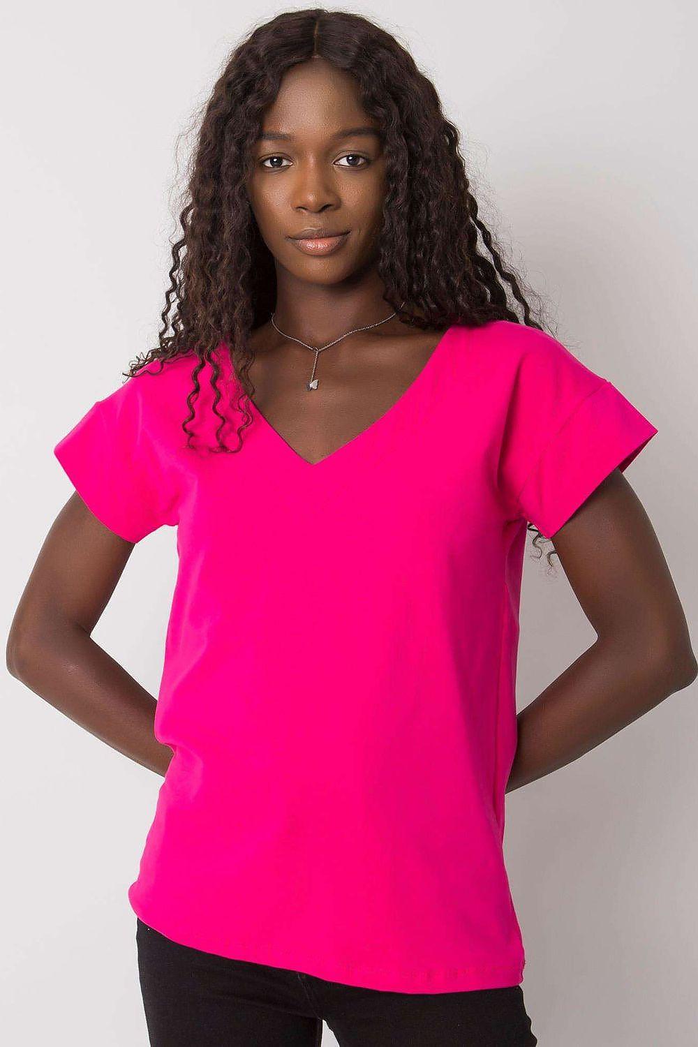 Hot pink blouse with heart neckline and short sleeves