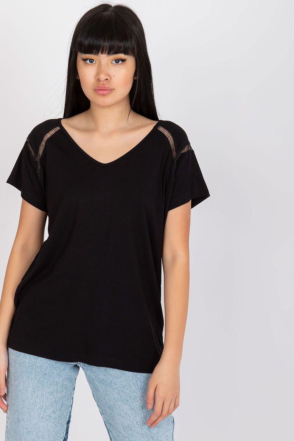 Black blouse with V-heart neckline and sheer shoulder panels, short sleeves