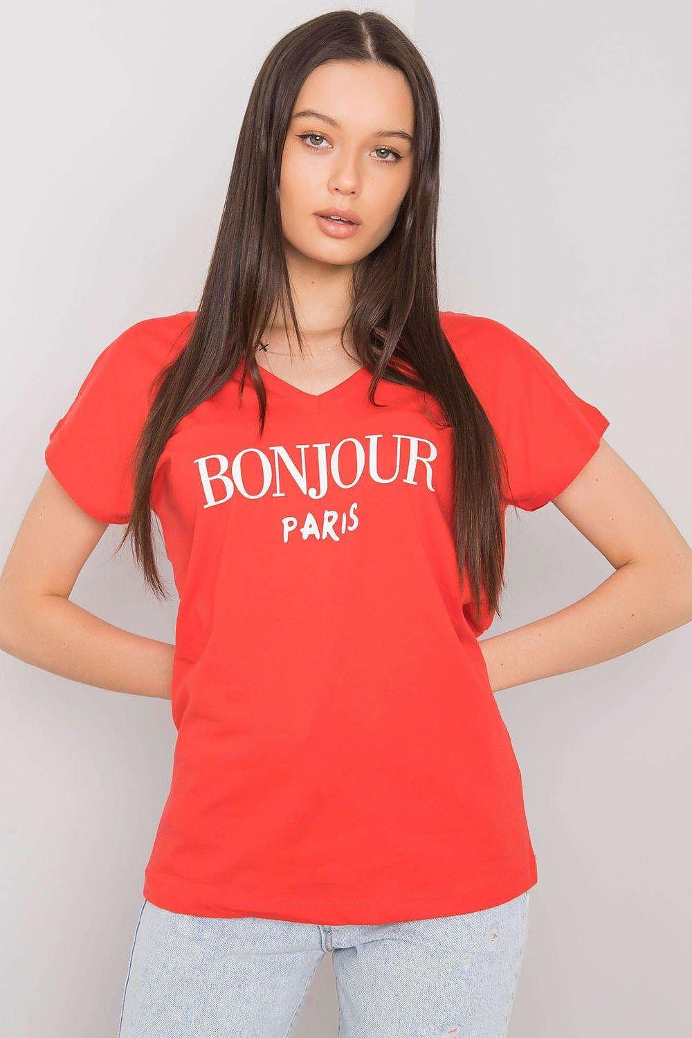 Red heart-neck T-shirt with Bonjour Paris text front
