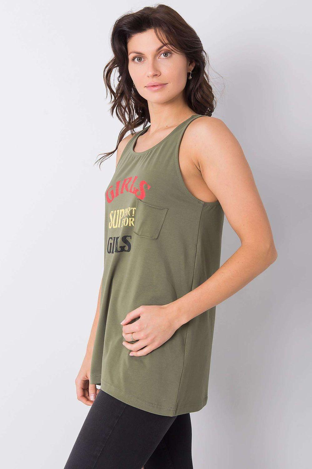 Olive sleeveless tank top side view with racerback and long curved hem