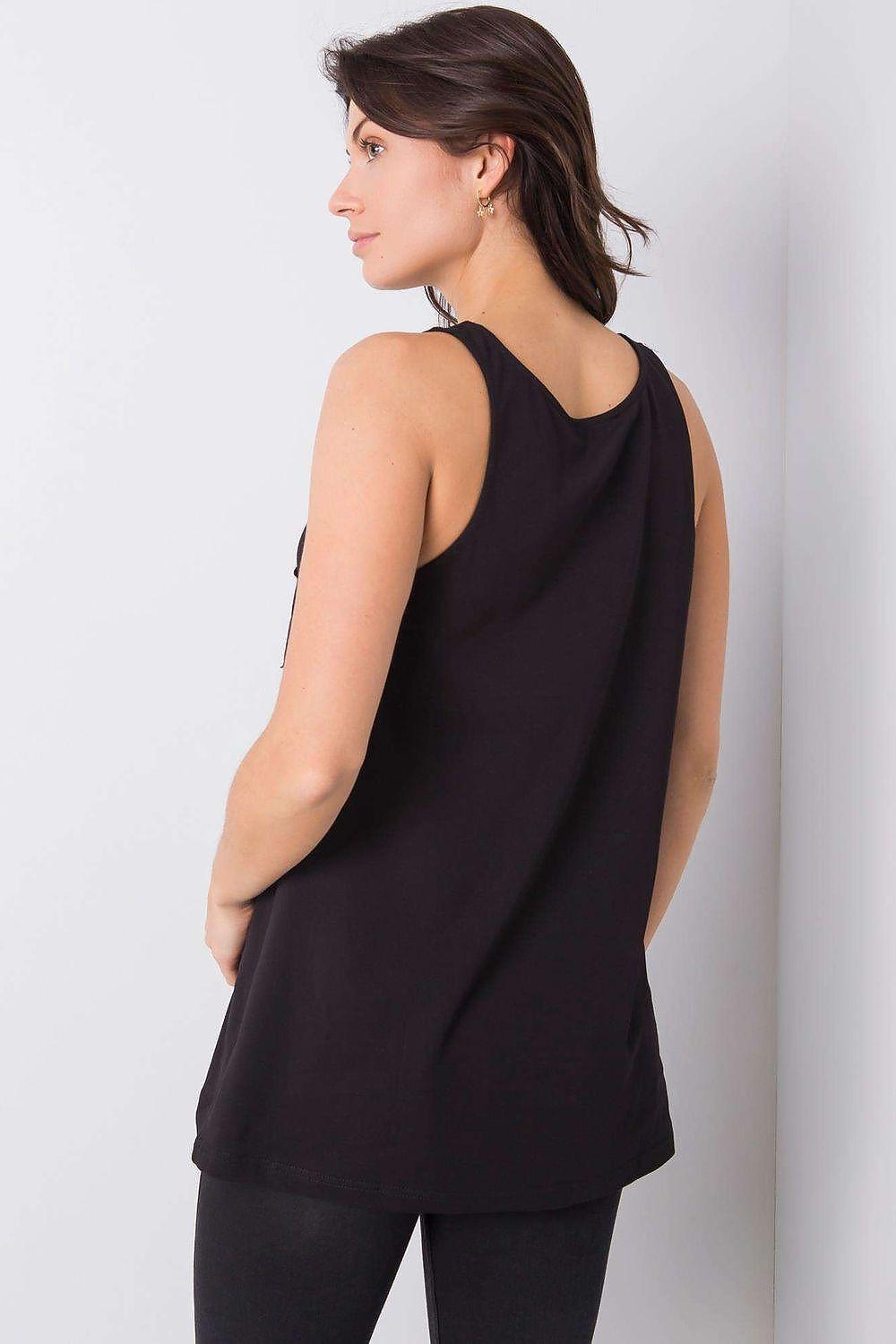 Black sleeveless tank top back view with racerback and curved tunic hem