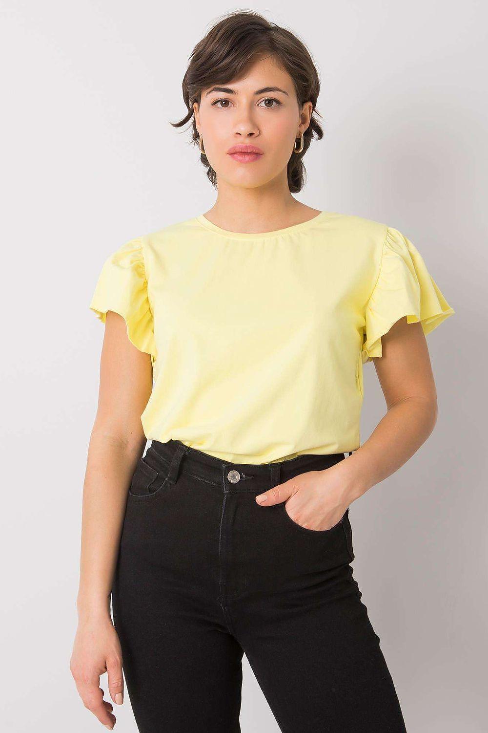 Yellow cotton-blend blouse with frill short sleeves and round neckline