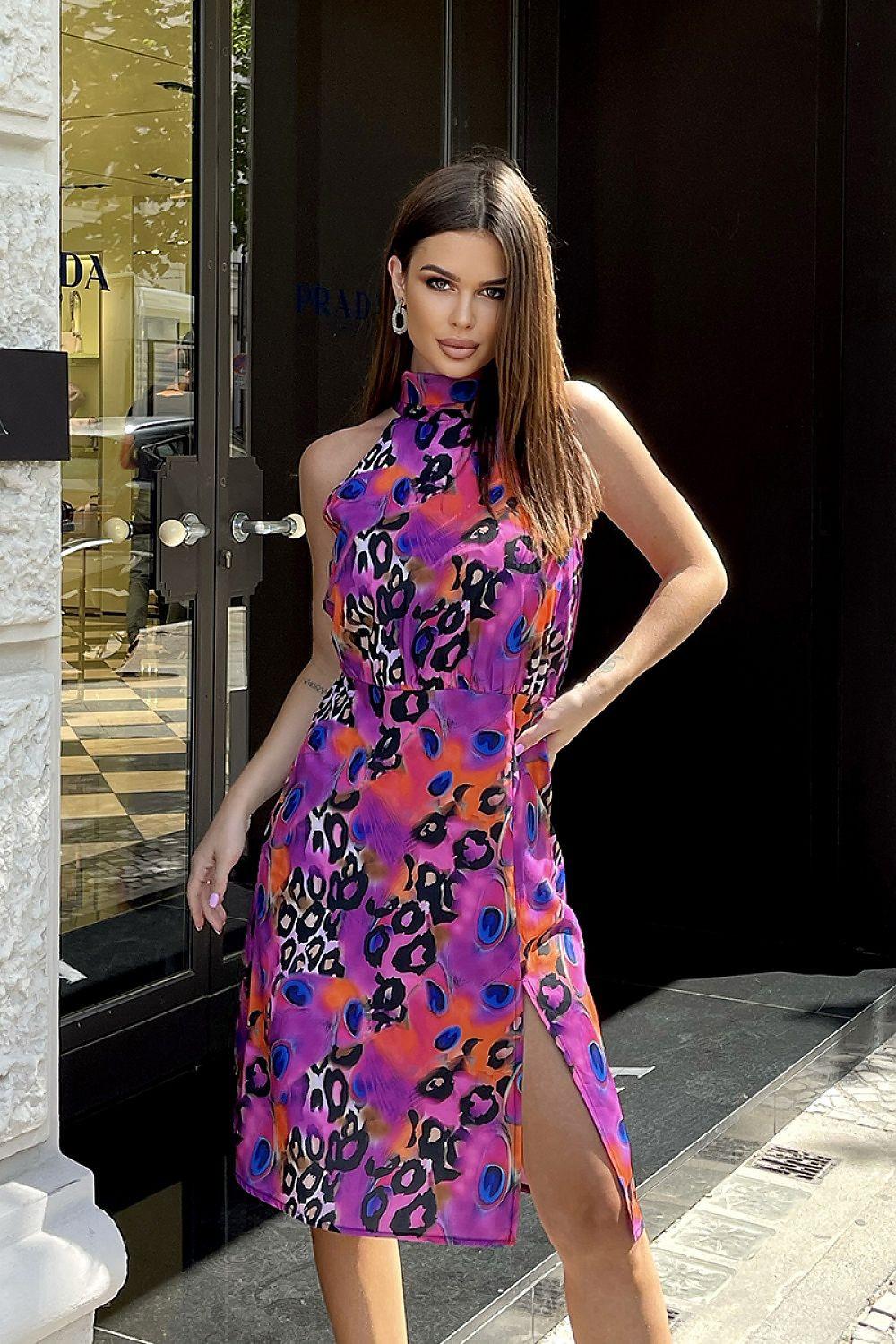 Bicotone sleeveless high-neck daydress in purple and orange leopard print